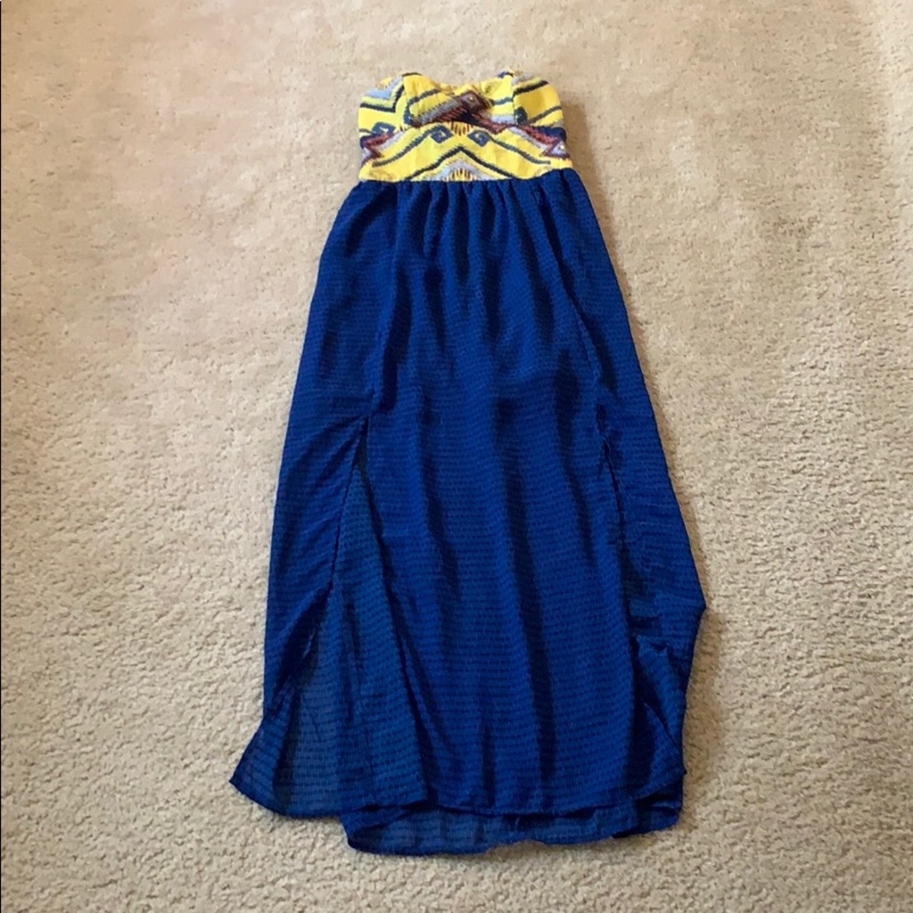 Blue and yellow printed strapless dress